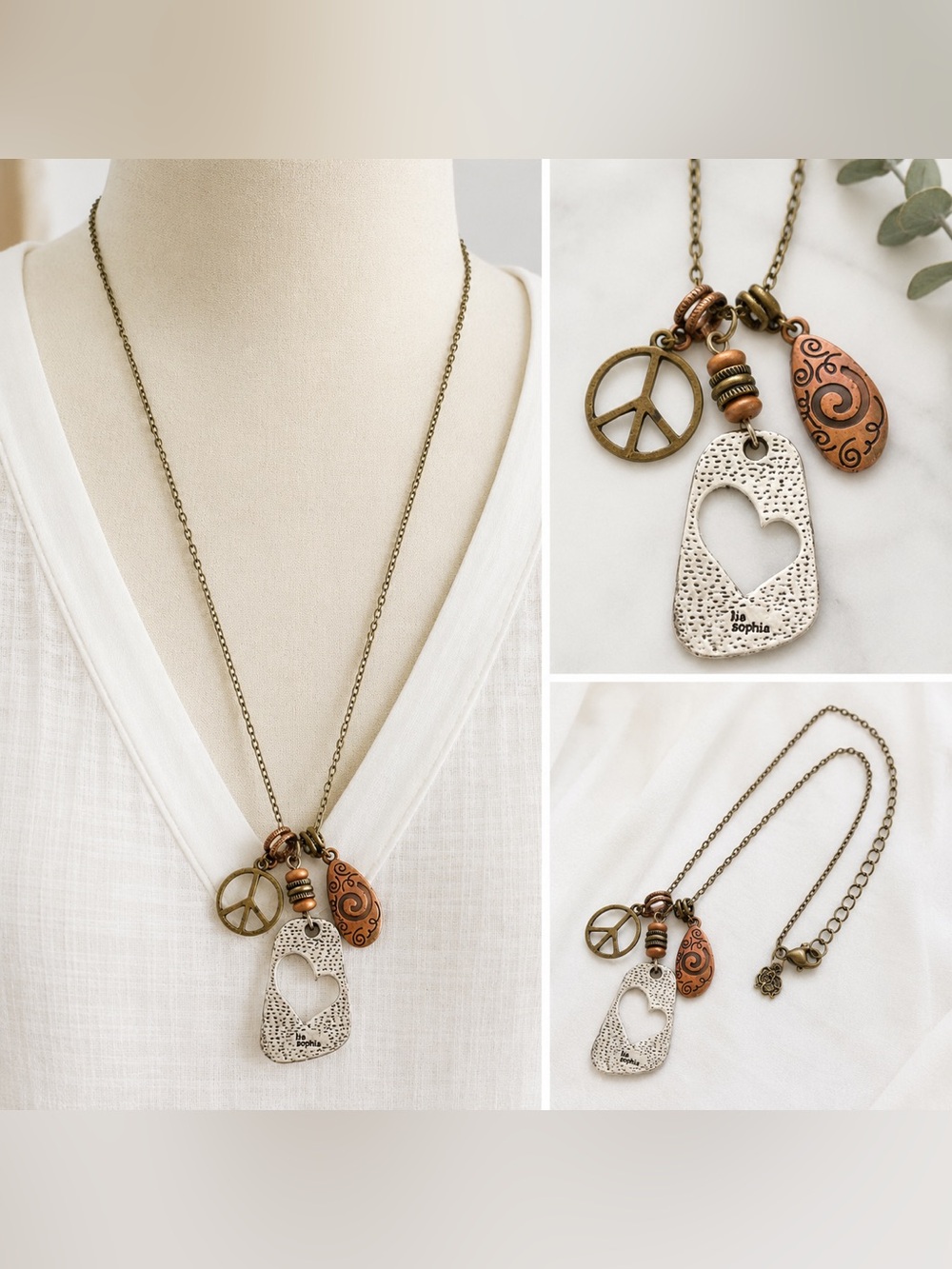 Lia Sophia Boho Charm Necklace Peace Sign Heart Pendant Bronze Tone